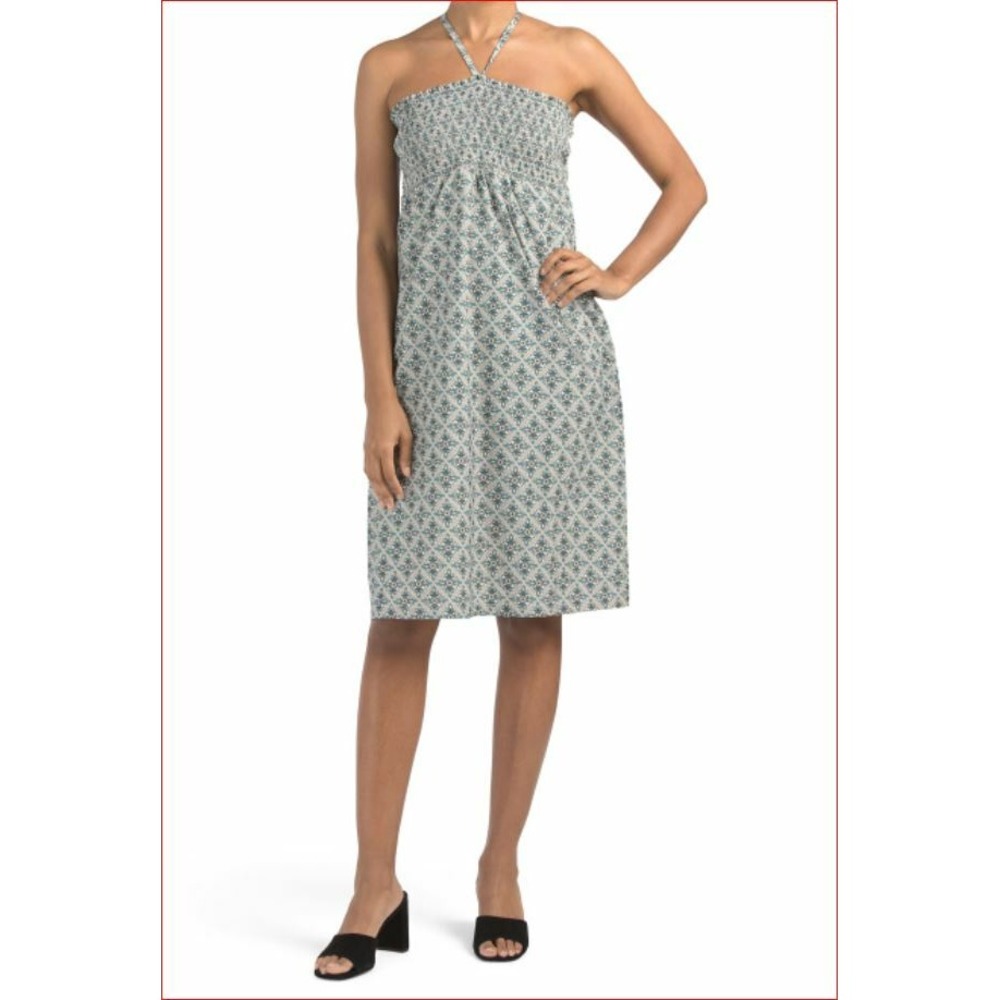 Club Monaco Green White Smocked Strappy Dress Pockets T77654 XS